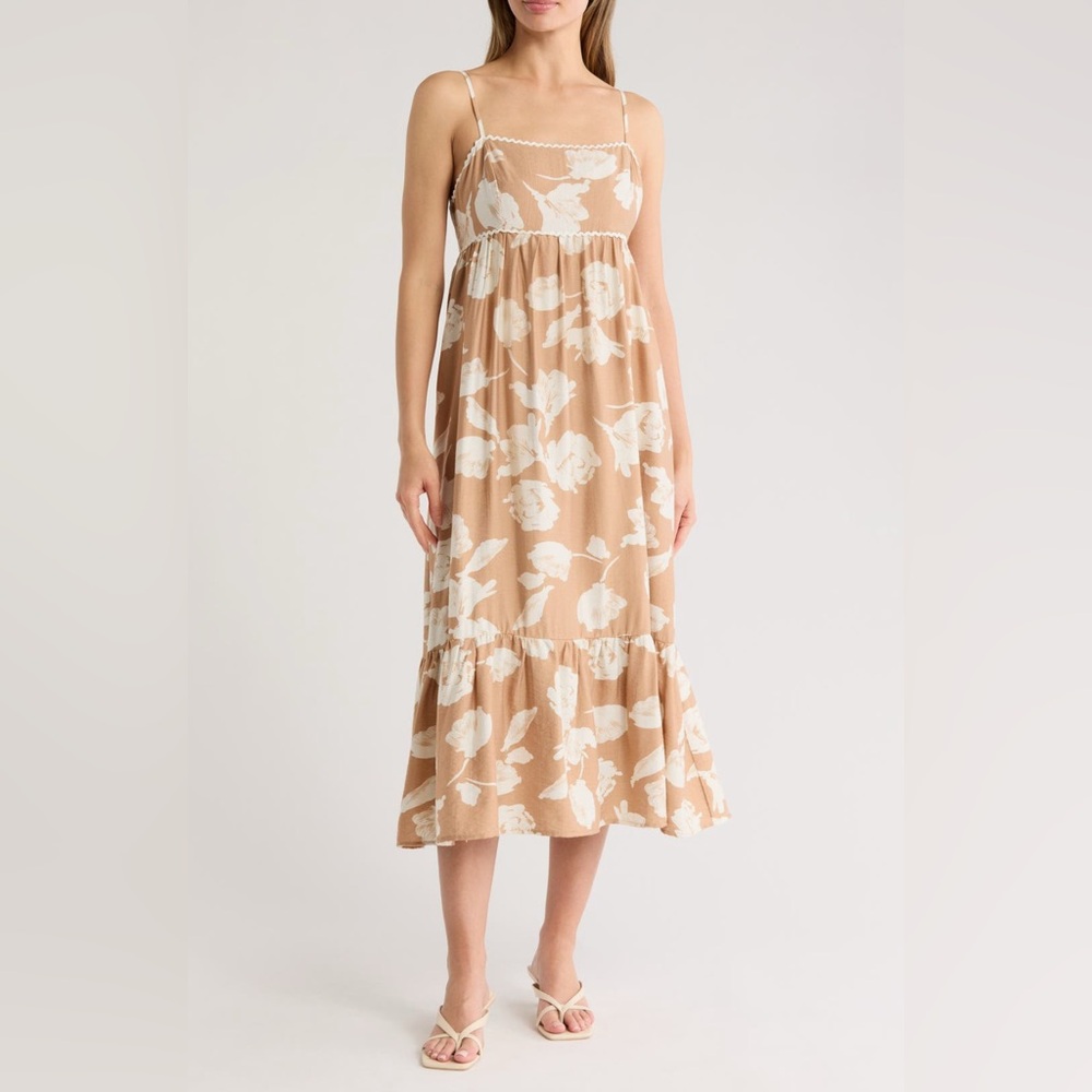 Lush Floral Beige Spaghetti Strap Midi Dress Womens Size S